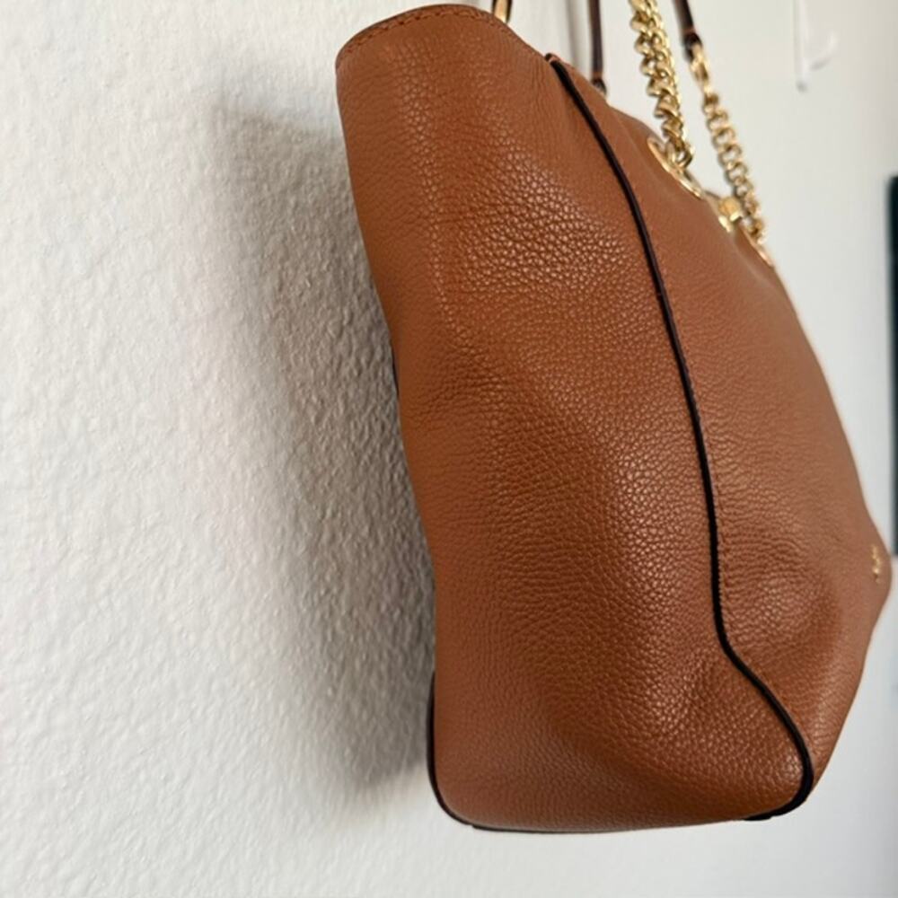 Coach Turnlock Gold Chain Tote Saddle Brown Polished Pebble Leather Gold No Tag - Picture 10 of 16